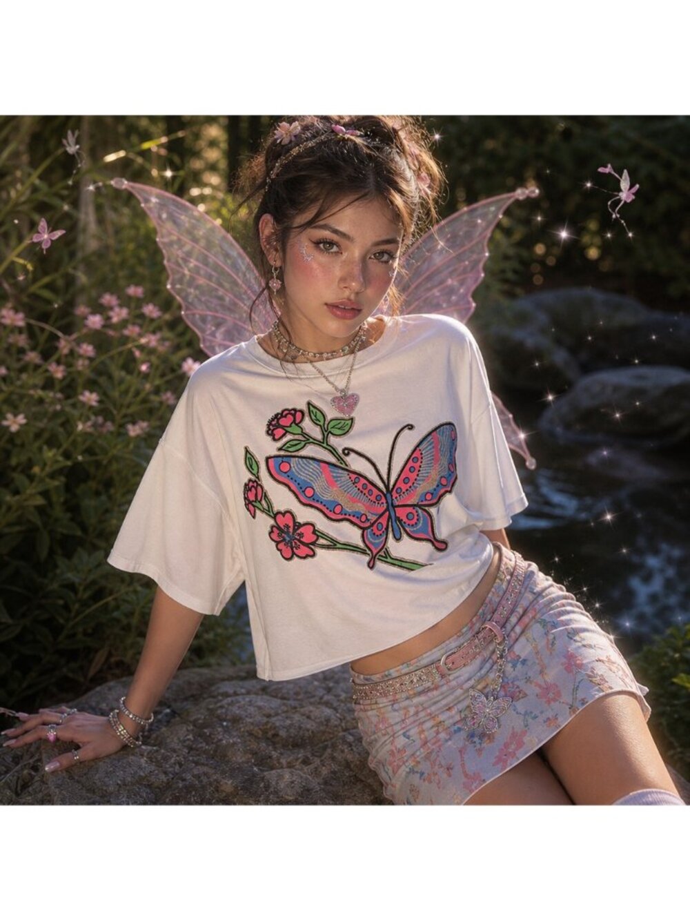 Fairy Y2K Neon Butterfly Crop Tee Vintage 90s Garden Dreamy Soft Cotton Oversize